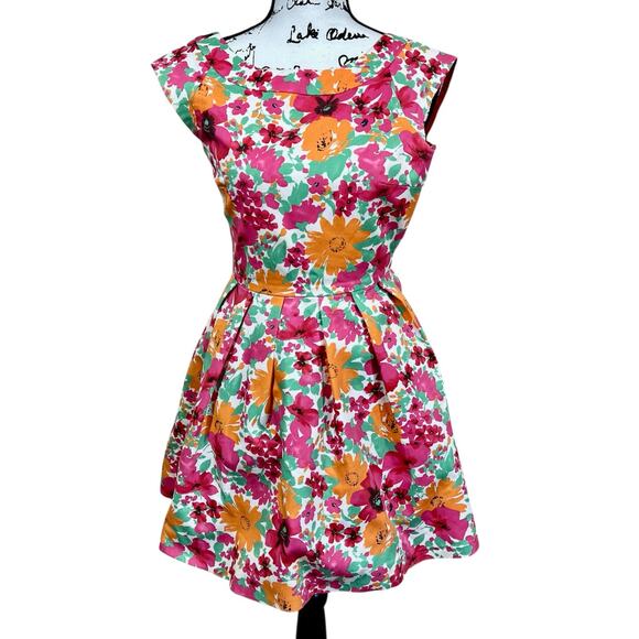 Zara TRF Floral Pink And Orange A-line Short Dress W/ Pockets size S pin-up boho - Picture 1 of 14